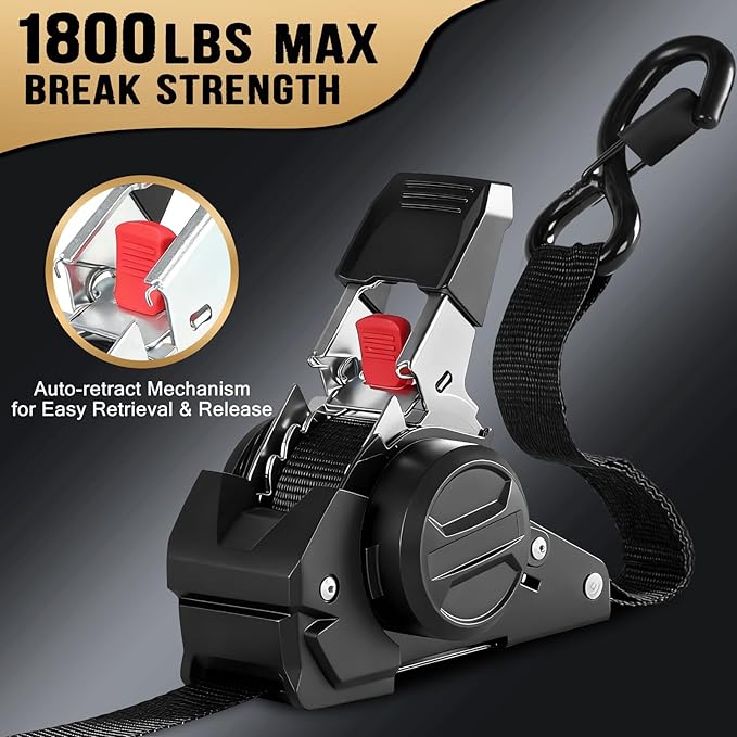 10FT Retractable Ratchet Straps(2-Pack) - 1 Inch (1800 LB Break Strength) Heavy Duty Self Retracting Ratchet Straps with Soft Loops & Storage Bag for Household, Motorcycle, Truck, ATV(Black)