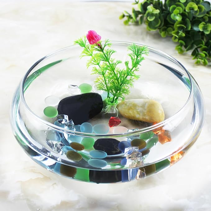 POPETPOP Clear Fish Bowl Vase - Round Plastic Shallow Planter, Hydroponic Planter Daffodil Pot, Lotus Bowl Planter, Fish Tank Aquarium Bowl
