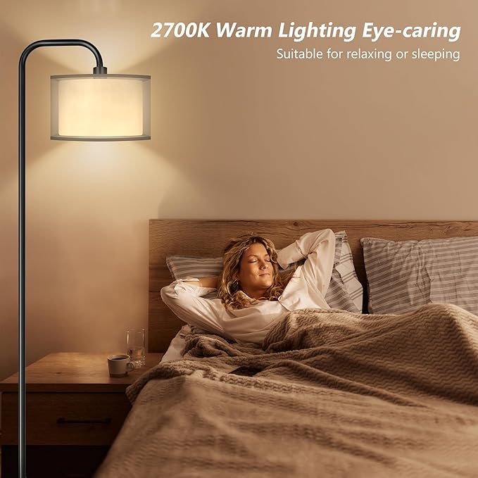 PARTPHONER LED Floor Lamp for Living Room, Modern Standing Lamp with Foot Switch Grey Organza Fabric Shade Tall Pole Reading Lamp for Bedroom Study Room Office, 9W Bulb Included
