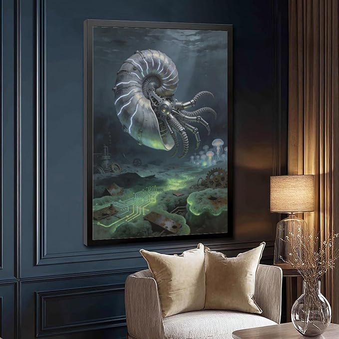 Framed Steampunk Mechanical Nautilus Wall Art - Underwater Industrial Poster for Man Cave Studio Decor 24x36in