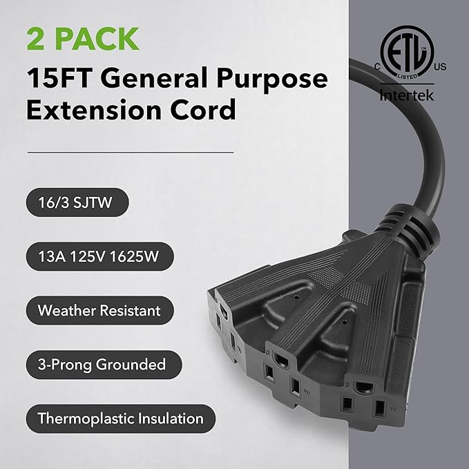 BN-Link's 2 Pack Outdoor Extension Cord Set is Ideal for Holiday Yard Decorations and Garden Equipment. with Three outlets You can Plug in Loads up to a Total of 13amps/1625watts. (Black, 15ft)