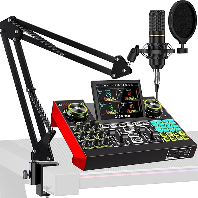 tenlamp Podcast Microphone Bundle with Live Sound Card Audio Mixer, Podcast Equipment Bundle with 3.5mm Boom Mic for Pc/Phone Live Streaming Singing Gaming, Sound Board with Voice Changer, Denoise