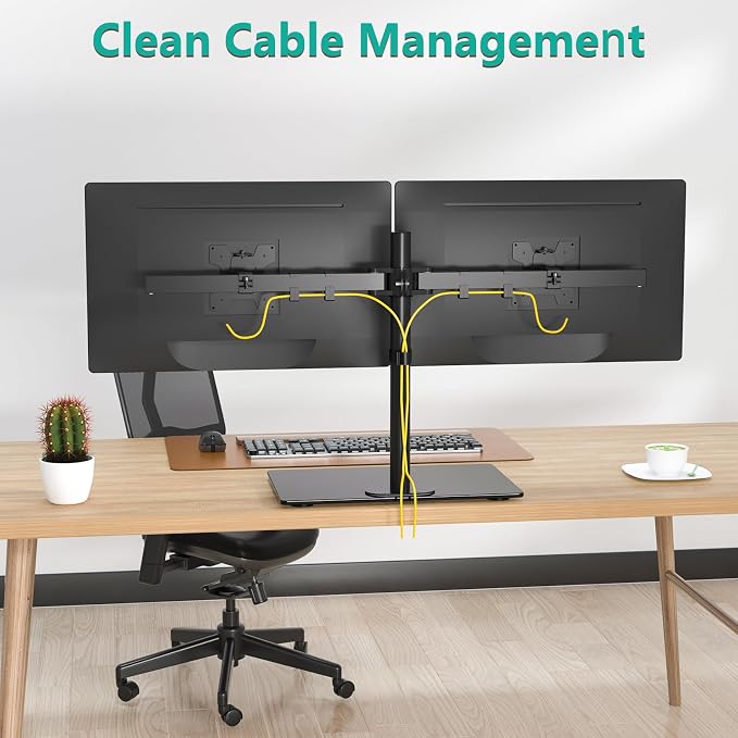 WALI Free Standing Dual Monitor Stand, Height Adjustable Monitor Mount with Glass Base, Fits LCD LED Flat Curved Screen up to 27 inch, 22lbs, with Grommet Base (GMF002)