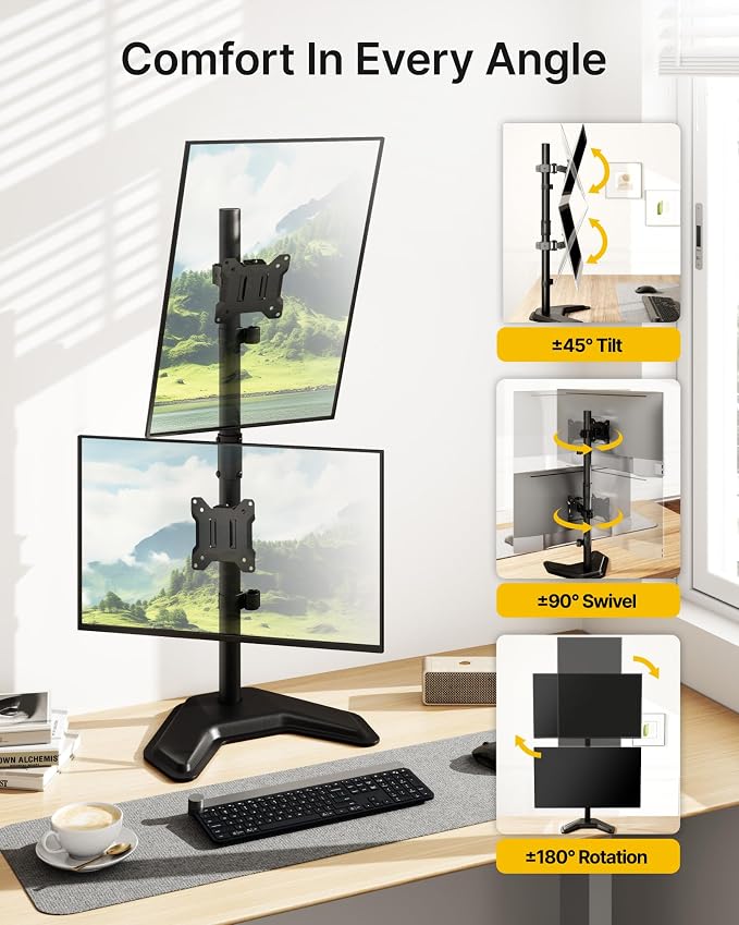 monTEK Freestanding Stacked Dual Monitor Stand for 17-32", 22 lbs Each | Solid V-shaped base, vertical dual-screen full-motion arms, height adjustment, tilt, swivel, rotation and VESA 75/100