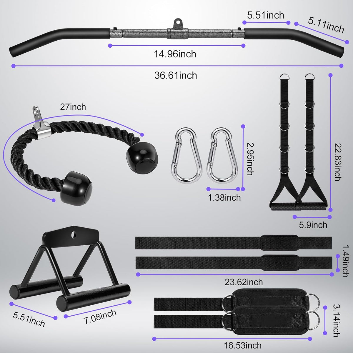 Skiennix Cable Machine Attachments Set - LAT Pulldown Bar & Tricep Rope | Durable Home Gym Accessories