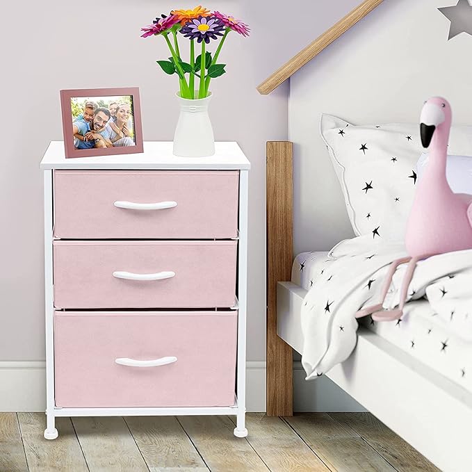 Sorbus Nightstand with 3 Drawers - Furniture Storage Chest Tower Unit for Bedroom, Hallway, Closet, Office Organization - Steel Frame, Wood Top, Pastel Fabric Bin (Pink)