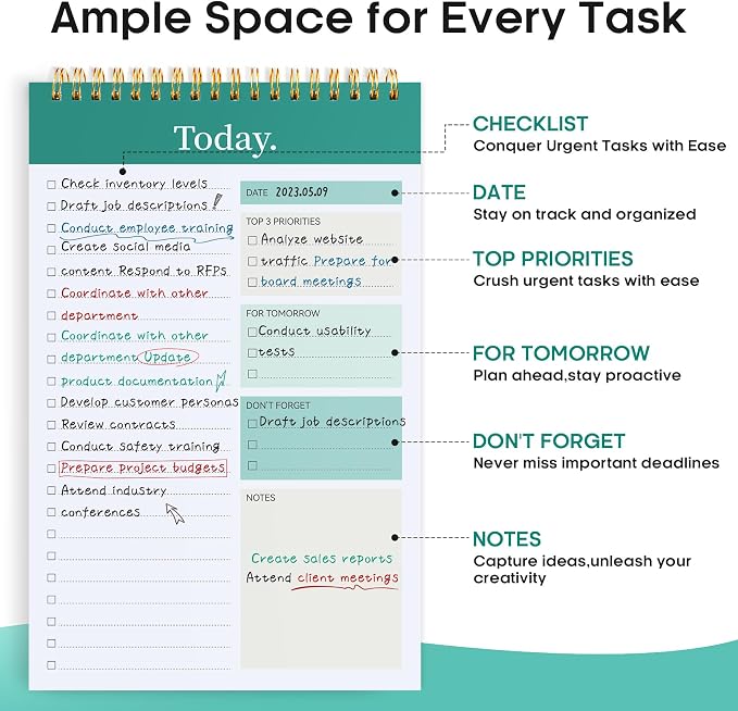 Taja To Do List Notepad, Undated Daily Planner for Work and Goal Setting | Multi, 52 Sheets, 9.8" x 6.5" , for Office, Home and school, Daily Task Planning, Notes and Everyday Organization, 6Pack