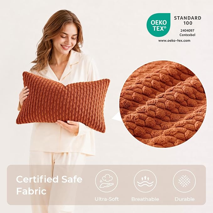 Kevin Textile Soft Corduroy 12"x20" Lumbar Pillow Cover 1 Pack, Rust | Fall Boho Stripe Plush Corduroy Decorative Oblong Cushion Cover Modern Farmhouse Home Decor for Sofa Couch Bed Chair