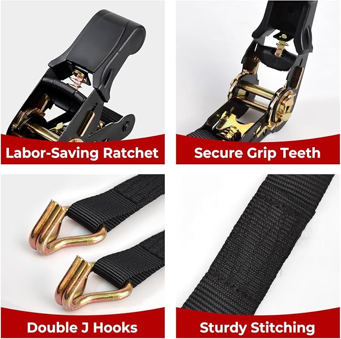 2 Packs Ratchet Straps Heavy Duty, 1" x 20' Ratchet Tie Down Straps with Double J Hooks | 2200lbs Break Strength for Moving, Securing Motorcycle, ATV, Kayak on Trailer, Truck Bed, Car Roof Rack