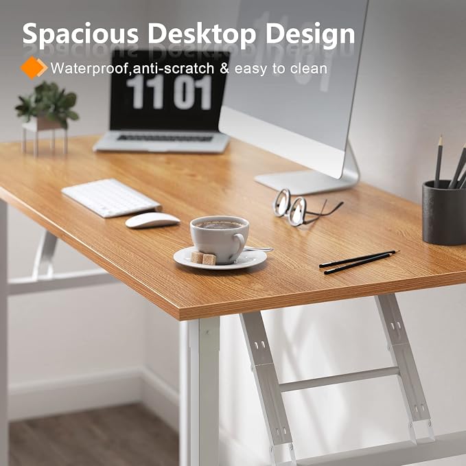Need Office Computer Desk 39.3 Inch Sturdy Folding Laptop Table Teak | White Frame Writing Gaming Work Table/Foldable Home Office Desk/Sewing Table, No Assembly Required
