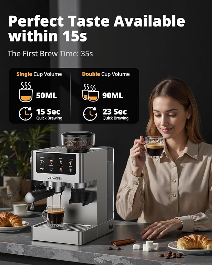 AIRMSEN Espresso Machines with Burr Grinder, 20 Bar, Milk Frother Steam Wand, Stainless Steel Coffee Maker for Home - Cappuccino Latte & Cold Brew Iced Coffee Maker & Americano