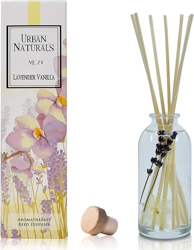 Urban Naturals Lavender Vanilla Reed Diffuser Set | Room Scent Infuser with Real Lavender & Natural Flowers | Soothing Scent Makes a Great Housewarming Gift | Great Idea