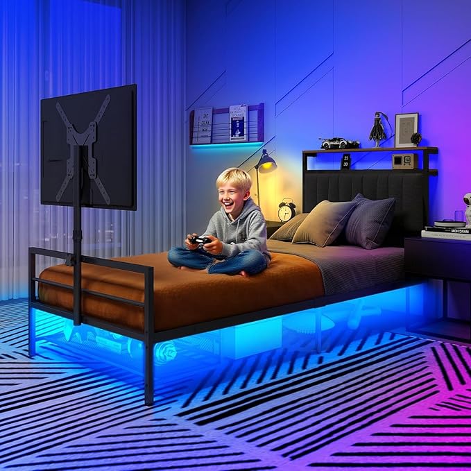 Twin Size Gaming Bed Frame With Storage Headboard,Black Metal Twin Bed Frame With LED Light Rotating TV Mount Charging Station,Stocking Stuffers for Teen Boys,College Dorm Room Essential,Heavy Duty