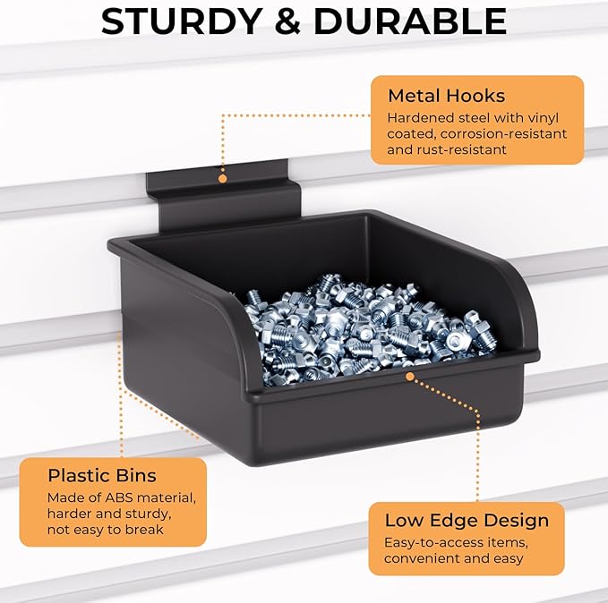INCLY 12 Pack Slatwall Bins with Hooks, Plastic Slatwall Accessories Containers Bins for Slat Wall Panels Organizing Hardware, Garage, Craft Room, Kitchen, Tool Shed, Workbench