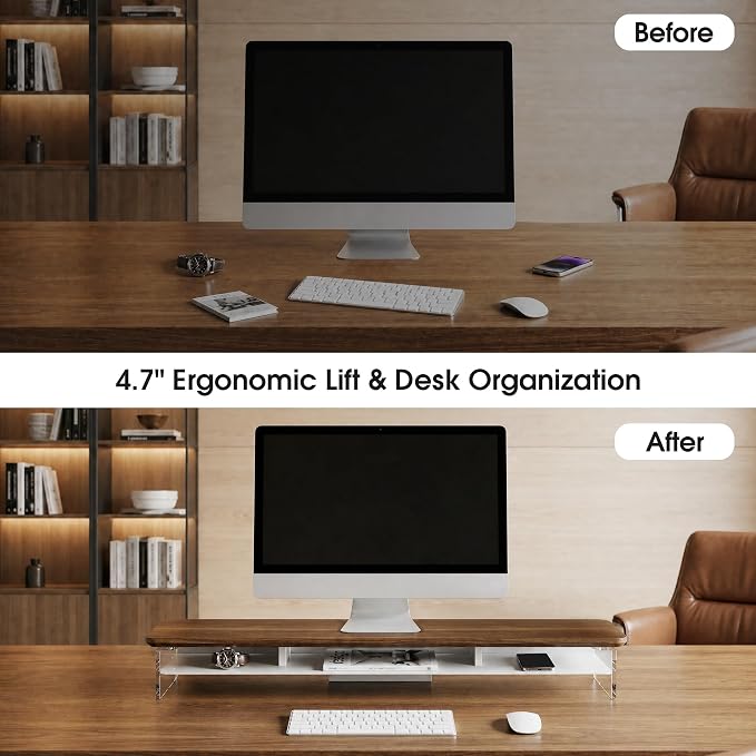 Fenge 42.5" Dual Monitor Stand with Clear Acrylic Legs, Brown | Clear acrylic, storage compartment, 2-tier home office monitor riser, wide large desktop shelf fit monitor/laptop/printer