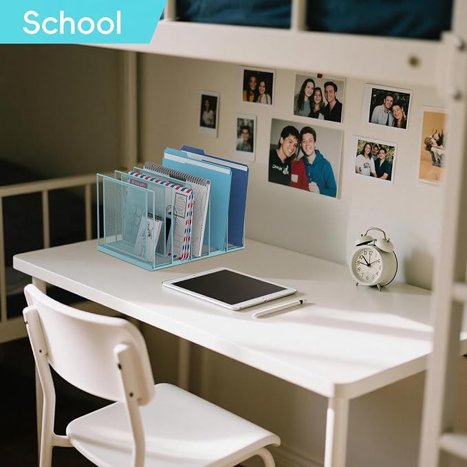 File Organizer for Desk, 5-Section Vertical File Sorter, Paper Holder Organizer Standing Metal File Folder for Office Home Classroom, Blue