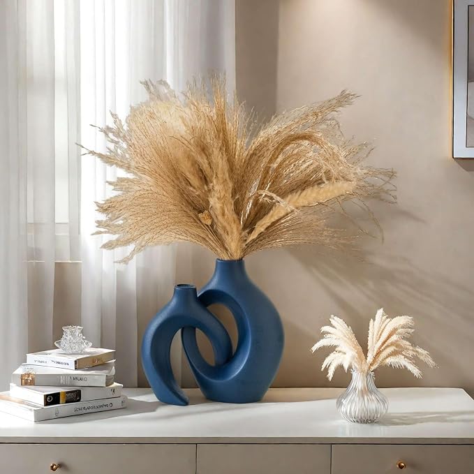 Lvases Snuggle Hollow Ceramic Flower Vase, Minimalist Decorative Vases of 2 | 8.4" Nordic Boho Home Decor Vase for Modern Aesthetic Ins Style Living Room Coffee Table Centerpieces Pampas Grass Decoration