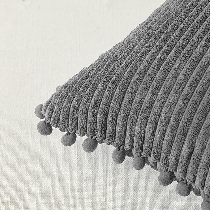 Fancy Homi 2 Pack Dark Gray Lumbar Decorative Throw Pillow Covers 12x20 Inch with Pom-poms for Couch Bedroom Sofa, Soft Corduroy Solid Rectangle Cushion Case 30x50 cm, Farmhouse Boho Home Decor