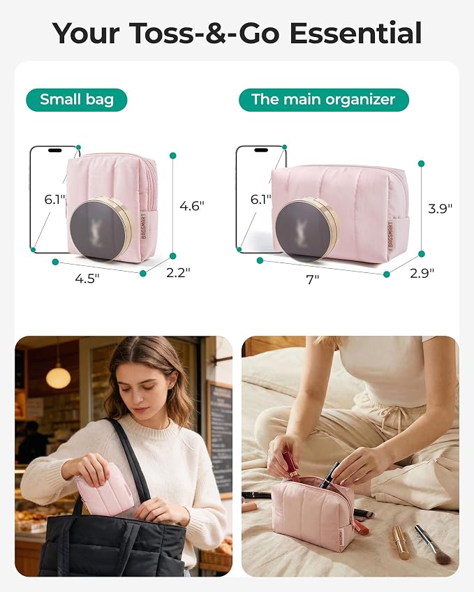 BAGSMART Puffy Travel Makeup Bag Duo Large & Small for Women, Chocolate | Puffy Padded, Travel Cosmetic Organizer with Slip-in Pockets, Large Toiletry Bag & Small Purse Pouch, Travel Essentials