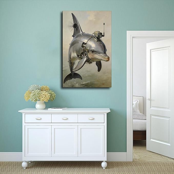 Framed Steampunk Mechanical Dolphin Wall Art - Marine Retro-Futuristic Poster for Beach House Living Room Decor 16x24inch(40x60cm)