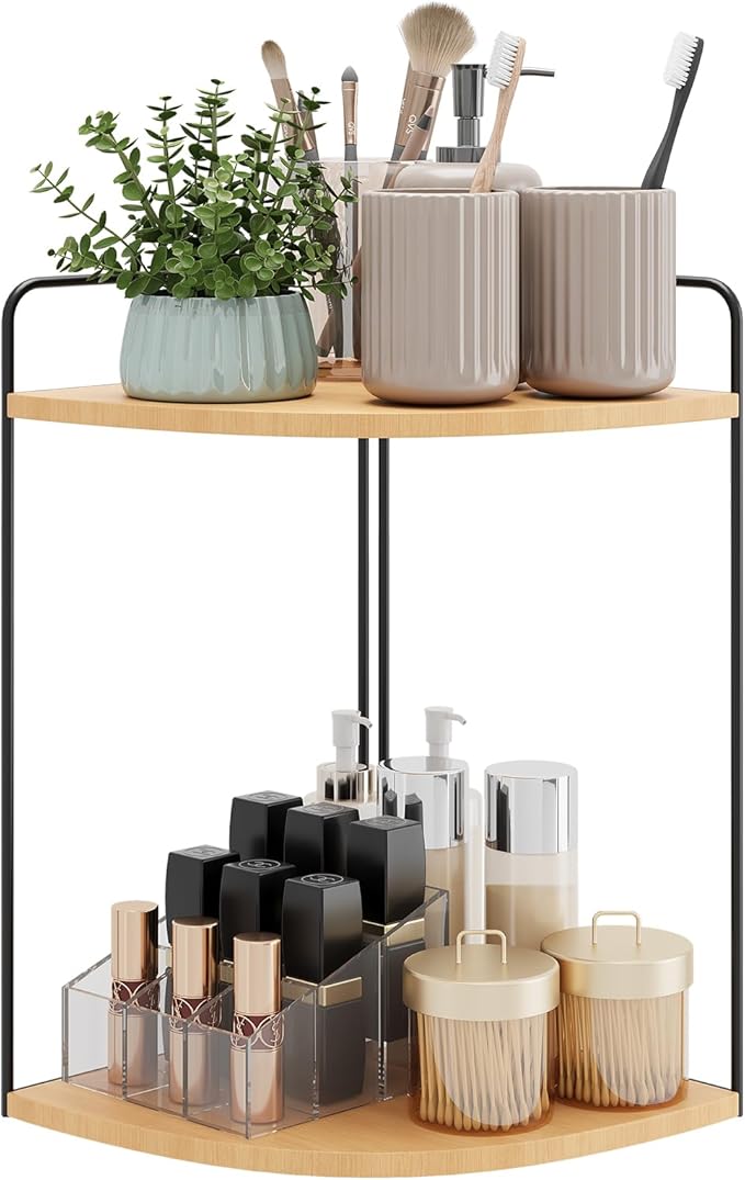 Forest Angle Bathroom Counter Organizer,Countertop Organizer,Vanity Organizers,Bathroom Storage,Bathroom Sink Caddy,Counter Shelf,Corner Counter,Corner Shelves(Black-Burlywood)