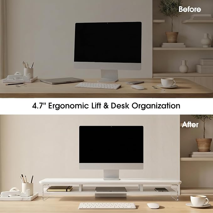 Fenge 42.5" Dual Monitor Stand with Clear Acrylic Legs, White | Clear acrylic, storage compartment, 2-tier home office monitor riser, wide large desktop shelf fit monitor/laptop/printer