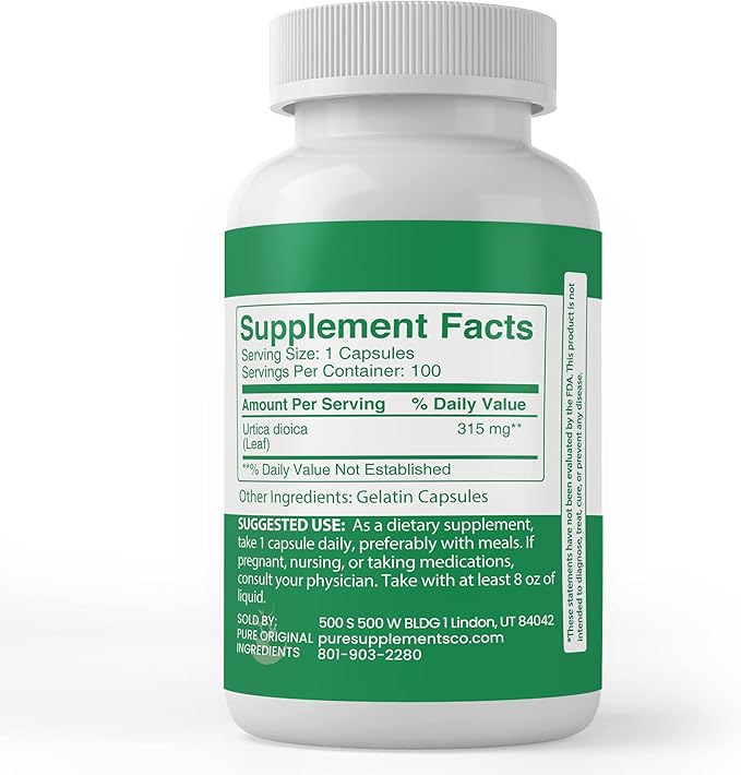 PURE ORIGINAL INGREDIENTS Stinging Nettle (100 Capsules) Leaf Always Pure, No Additives Or Fillers, Lab Verified