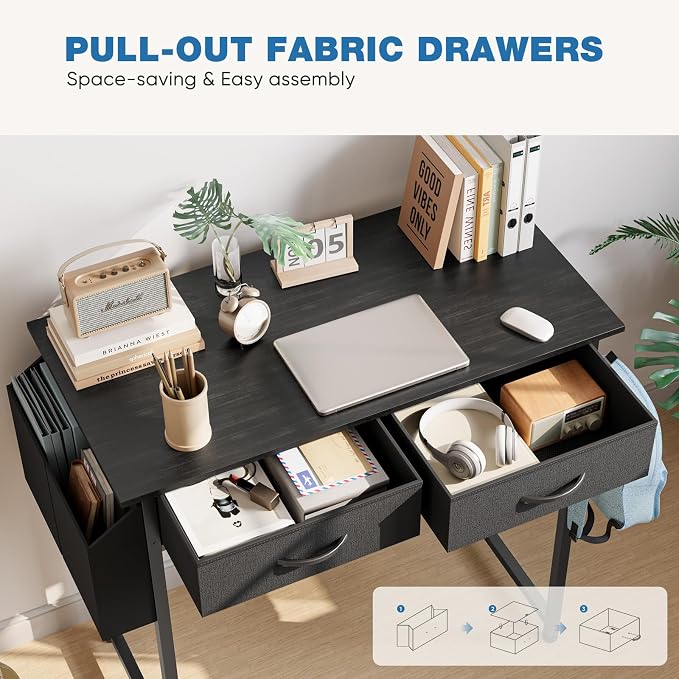 OLIXIS 32 Inch Small Desk, Computer Desk, Home Office | Fabric Drawers, Side Bag, Headphone Hook, Writing Study Work Table, Bedroom, Sleek Black