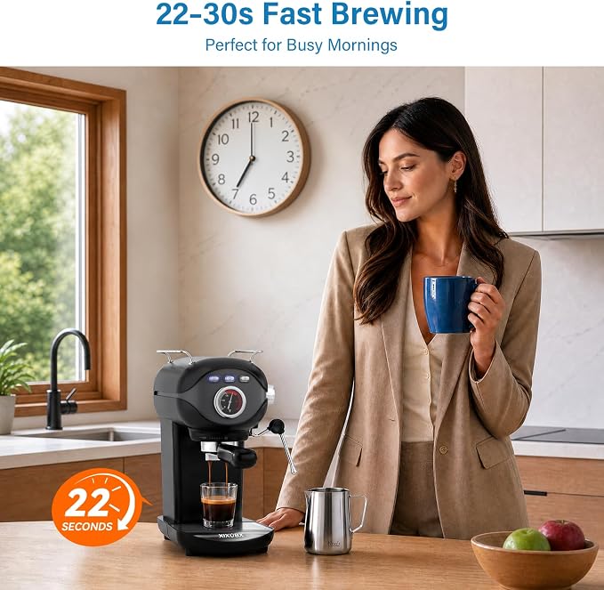 XIXUBX Espresso Machine, Compact Espresso Maker with Milk Frother | 20-Bar Pump, PID Control, Low Vibration Coffee Maker, for Small Kitchen, Home, Brews Latte, Cappuccino