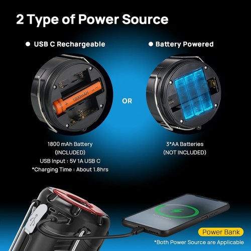 Consciot LED Camping Lantern - 2 Pack USB-C Rechargeable & Battery Powered | Emergency Light with Magnetic Base, Black