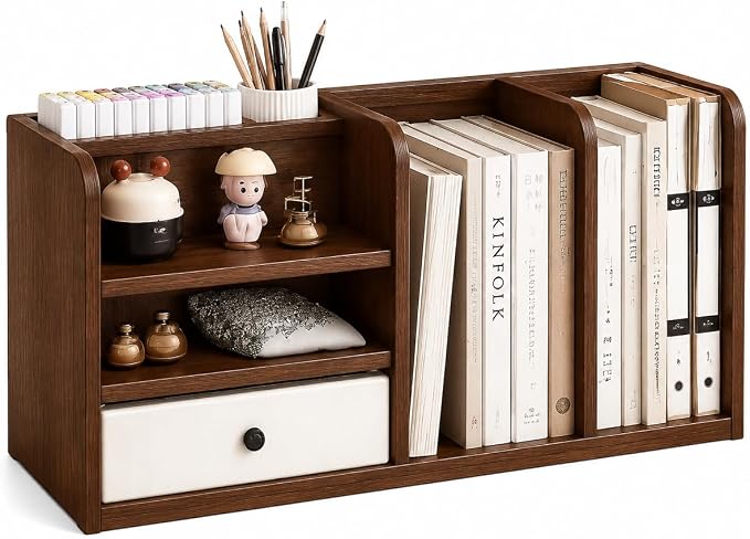 Desktop Organizer with Drawer & Dual File Compartments, Multi-Functional MDF Desk Storage Rack with 3-Tier Shelves and Pen Holder, Space Saving Desk Organizer 22.0×10.6×6.7 Inch for Study Room