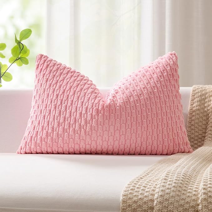 Kevin Textile Soft Corduroy 12"x24" Lumbar Pillow Cover 1 Pack, Pink | Boho Stripe Plush Corduroy Decorative Oblong Cushion Cover Modern Farmhouse Home Decor for Sofa Couch Bed Chair