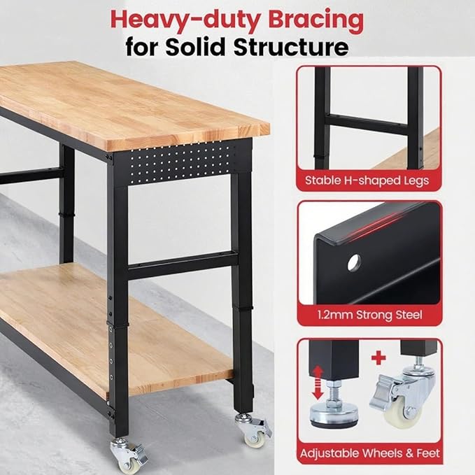ENJOYWOOD 60" x 22" Heavy Duty Workbench with Wheels, Adjustable Height Garage Work Table with Solid Rubberwood Top, Double Layer Shelf, Sided Pegboard & Power Outlets for Home & Workshop