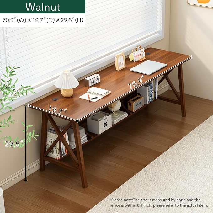 NELYE Extra Long Writing Desk with Bookshelf, 71" Wx20 Dx30 H, Walnut | Wooden Home Office Work Study Table, Computer Gaming Workstation with Storage Shelf, Sturdy MDF Resists Wobble