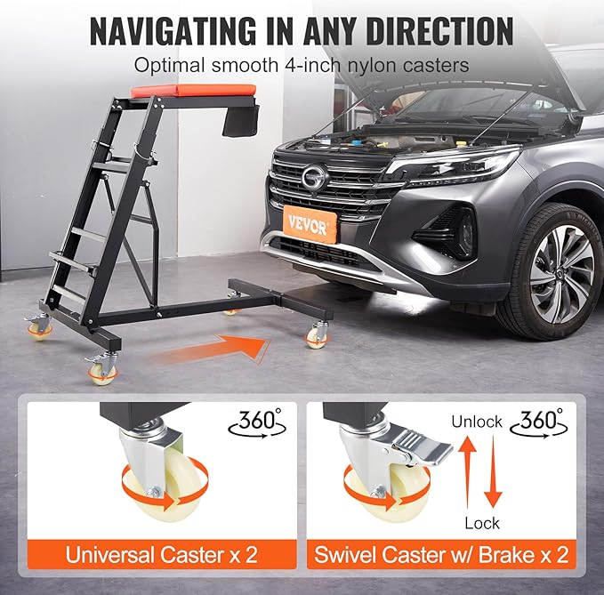 VEVOR Top Automotive Creeper, with Adjustable Height 45.7" to 66.3", 400 LBS Capacity High Creeper, 4 Swivel Caster Wheels, Heavy Duty Foldable Creeper for Auto Repair and Maintenance