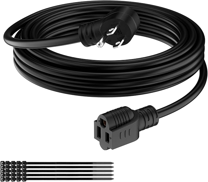 Extension Cord 15 FT, 3 Prong Extension Power Cord, 90 Degree Right Angle Plug Design, 16/3 Gauge Flexible Cold, 13A 1625W 16AWG, Save Space 3 Prong Electric Cord, ETL, Black Cable with 25 Cable Ties