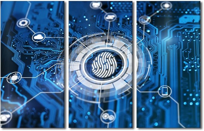 Framed Wall Art Concept Wall Art 3 Panels Fingerprint Login Authorization and Cyber Security Concept Pictures Print on Canvas for Bedroom Decoration, Ready to Hang, 60" Wx40 H