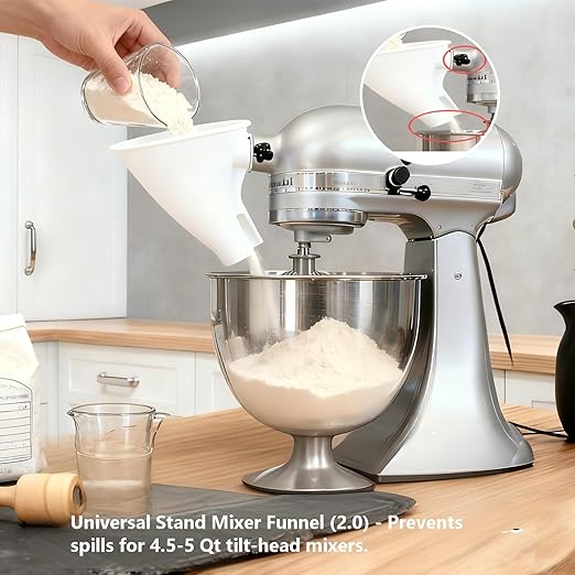 Flour Funnel for KitchenAid Stand Mixer Attachments and Accessories 3 in 1 Baking Set with Measuring Spoons Spatula for 4.5‑5 Qt Mixers