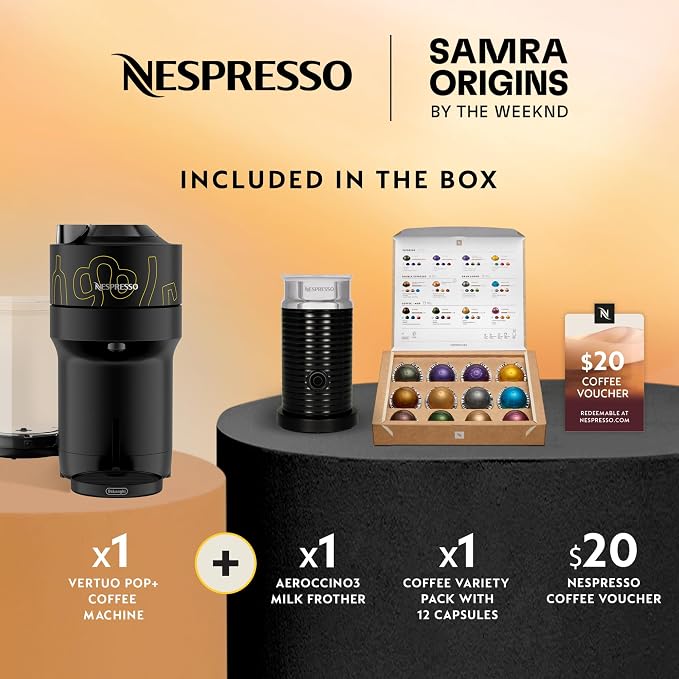 Nespresso Samra Origins Vertuo Pop+ Coffee Machine with Milk Frother | Samra Origins by The Weeknd in buna yellow, by De'Longhi. Aeroccino3 frother bundle for hot or cold foam drinks at home.