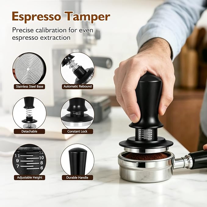 54mm Espresso Accessories Kit, 7Pcs Coffee Tamper Set with Wooden Tamping Station, Tamper, WDT Tool, Distributor, Puck Screen and Dosing Funnel, Espresso Tool Kit Fits 54mm Espresso Portafilter