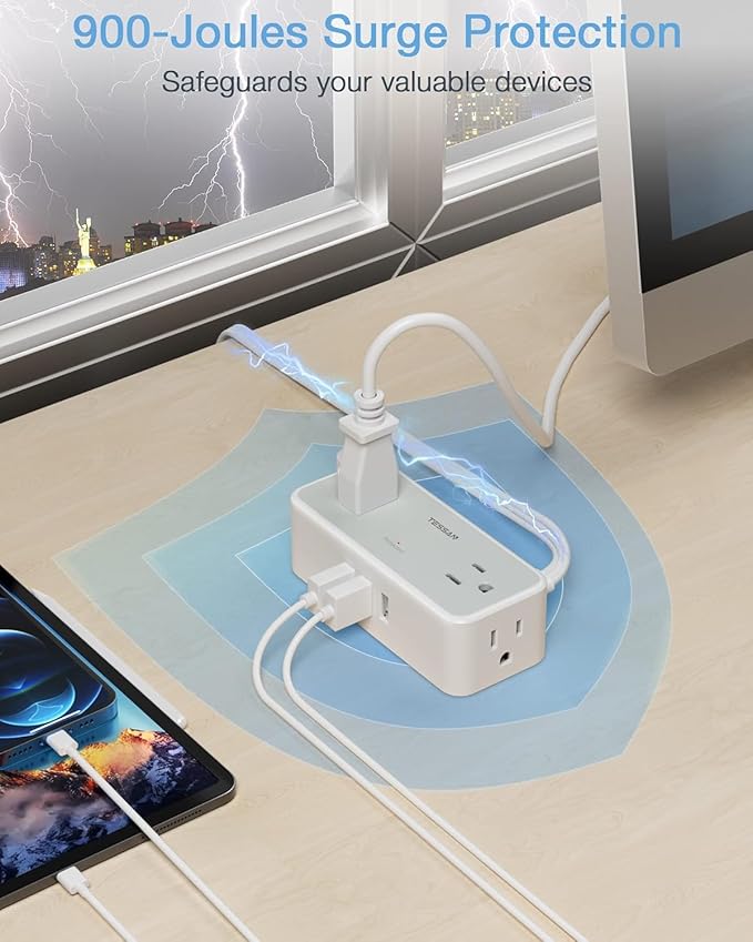 TESSAN Flat Plug Extension Cord 5 FT, Surge Protector Power Strip with 4 AC Outlets and 3 USB A Ports, 900 Joules Protection, Multiple Wall Outlet Extender Suitable for Office Dorm, Grey