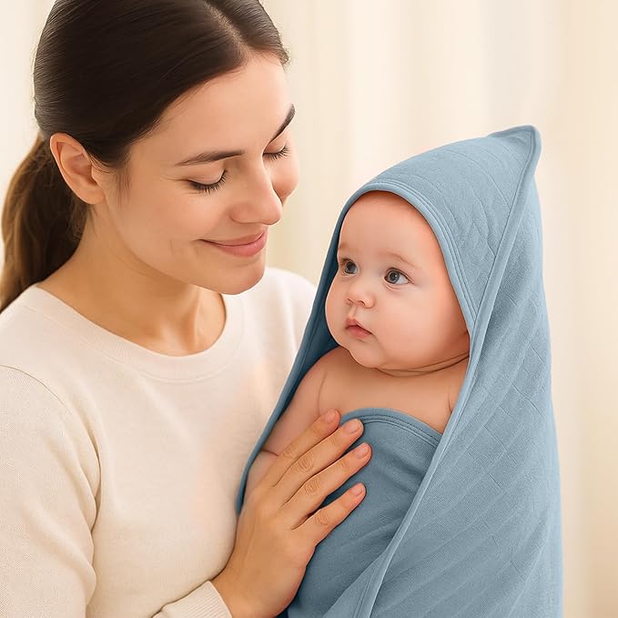 Preboun 4 Pcs Muslin Hooded Baby Towels,32"x 32" Cotton Newborn Bath Towel Muslin Infant Baby Blankets Absorbent Unisex Newborn Registry Gift for Girls Boys(Blue Series)