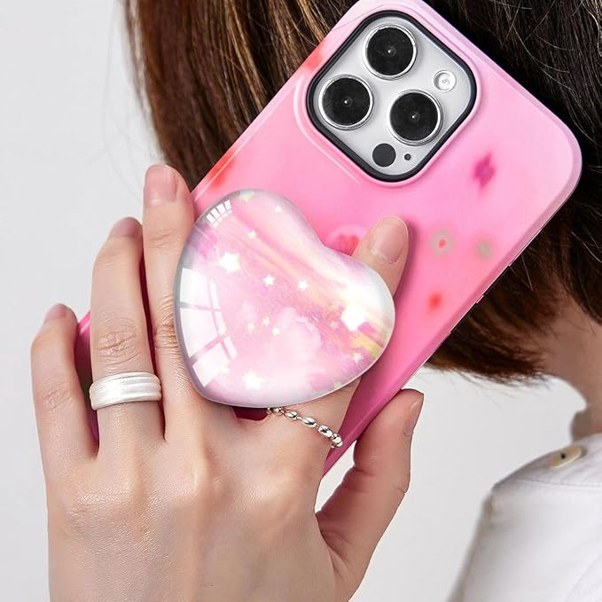 Luhoit Expandiing Cell Phone Grip Heart Shape Glass Finger Holder for Smartphones, Cellphone Collapsible Stand - Pink Star