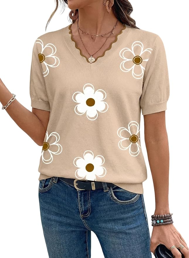 Dokotoo Womens Summer Short Sleeve Knit Tops 2026 Spring Trendy Casual V Neck Striped Sweater Blouses