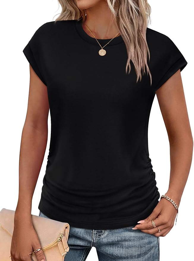 Sampeel Womens Summer Tops Trendy 2026 Ruched Cap Short Sleeve Tshirts Shirts Crew Neck T Shirts Fashion