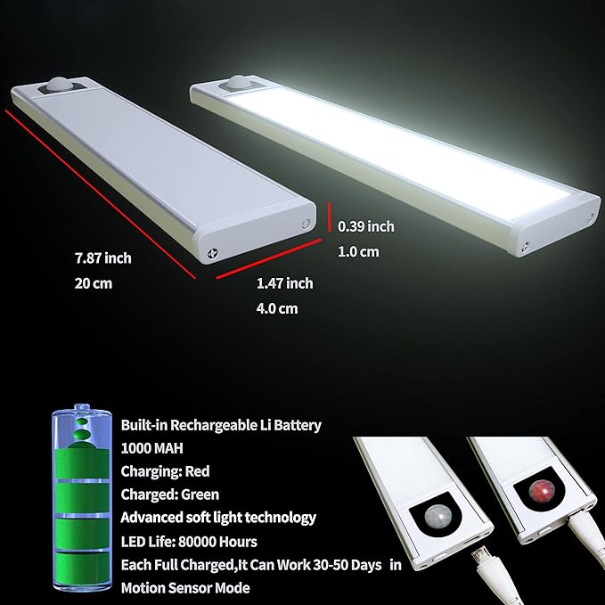 Under Cabinet Lights Wireless Motion Sensor Activated Under Counter for Kitchen Indoor Closet Undercabinet Pantry Stair Led Light Rechargeable Battery Powered Operated Sensored
