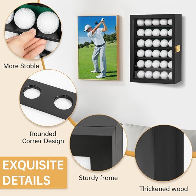 Golf Ball Display Case, Solid Wood Golf Ball Holder, Wall Mounted Golf Ball Rack with Acrylic Door for Golf Enthusiasts (Black, for 30 Golf Balls)