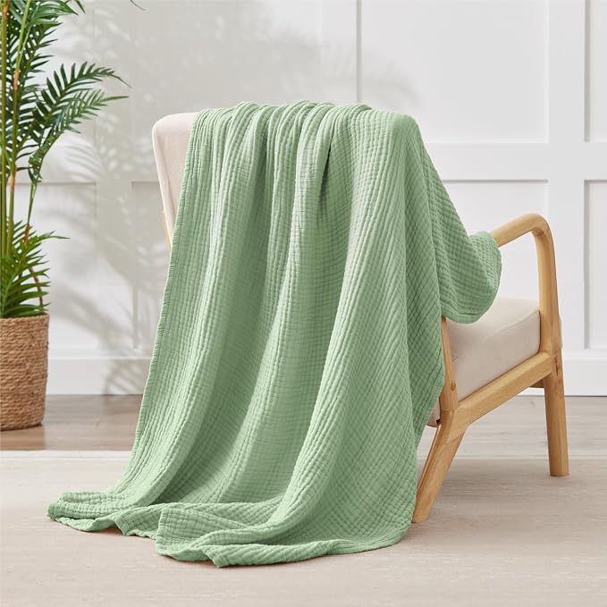 100% Cotton Muslin Blanket Large 50" x 70", 6 Layers Breathable and Lightweight Cotton Throw Blanket for Bed and Couch, Soft Quilt Bedspread, Gauze Blanket for Adults All Season, Sage Green