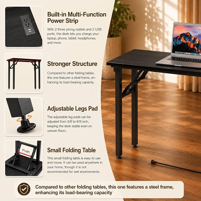 Folding Table Computer Desk - 43.3" No Assembly Folding Desk with Power Outlets & USB Charging Port, Small Desk, Foldable Office Desk, Compact Storage Portable Use for Small Space, Dark Oak