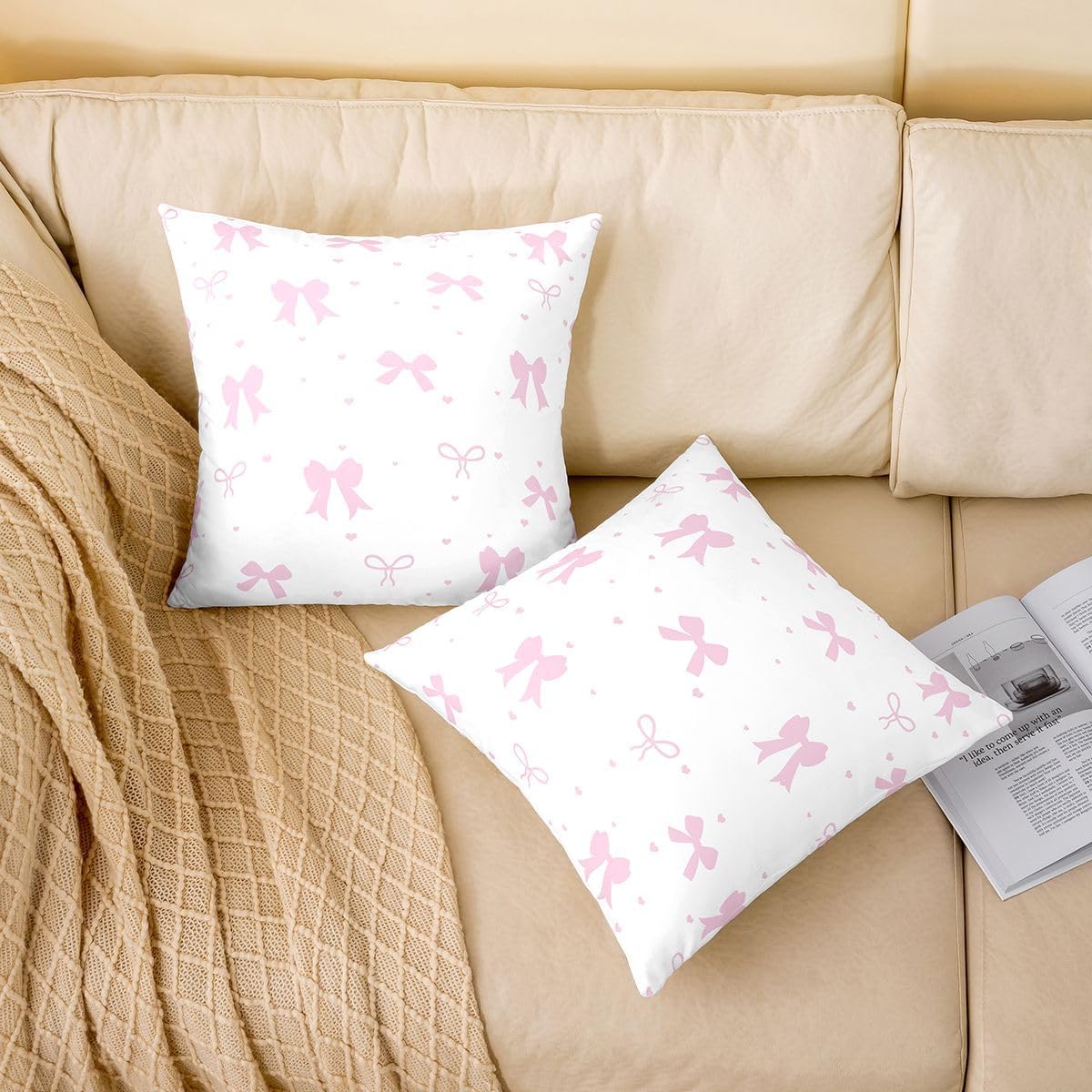 Feelyou Light Pink Bow Throw Pillow Covers Set of 2 Cute Princess Bowknot Cushion Case Kawaii Love Heart Pattern Decor Pillowcase Indoor Outdoor Super Soft 22 x 22-Inch
